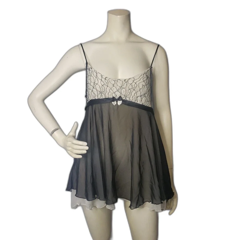 Vintage VICTORIAS SECRET Black White Sheer Peignoir Babydoll Nightie Size Medium